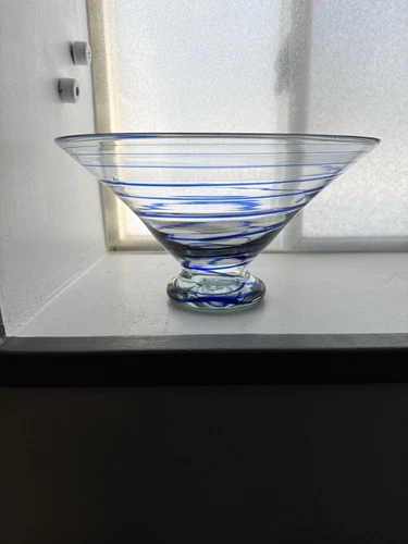 Blown Art Glass Cobalt Blue Spiral Footed Centerpiece Bowl 11” Blenko 8909