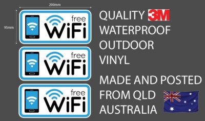 3pcs FREE WIFI DECAL STICKER Waterproof Vinyl 200mm x 95mm 3 PACK CAFE ...