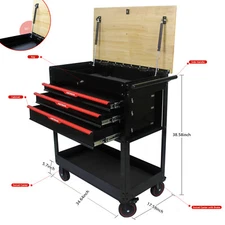 Tool Cart with Wheels and Wooden Top, 3 Drawers Tool Cabinet, Black