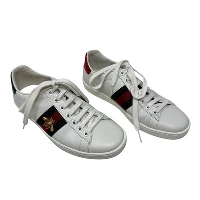 Gucci Ace White Leather Gold Gucci Print Web Stripe Low Top Sneakers 37