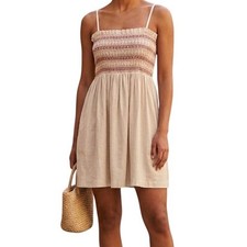 Umgee Linen Blend Smocked Embroidered Mini Dress Beige Large Boho Summer Strappy