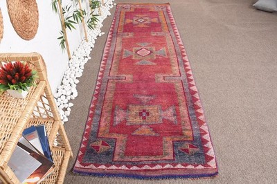 Turkish Vintage Rug 3,1x10,7 ft, Red Herki Moroccan Rug