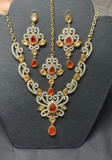 Indian Jewelry Set (Necklace, Earrings, Tikka) - Orange