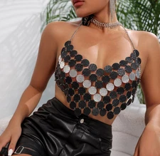 Women Bras Round PU Halter Vest Jewel Metal Show Party Body chain Bralet 233651