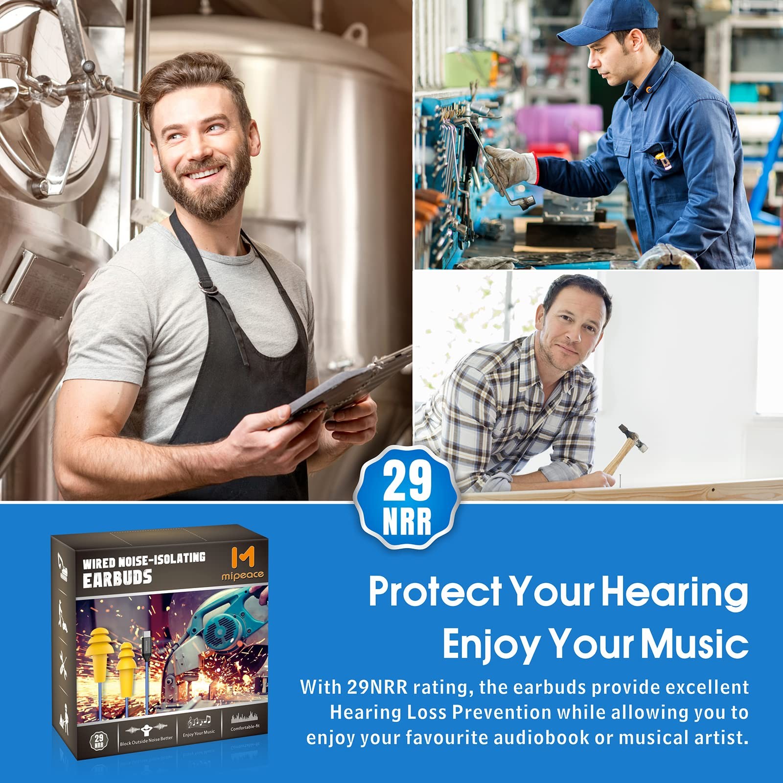 MIPEACE Ear Plug Headphones for Work, Work Earbuds USB Type C Blue (type-c)