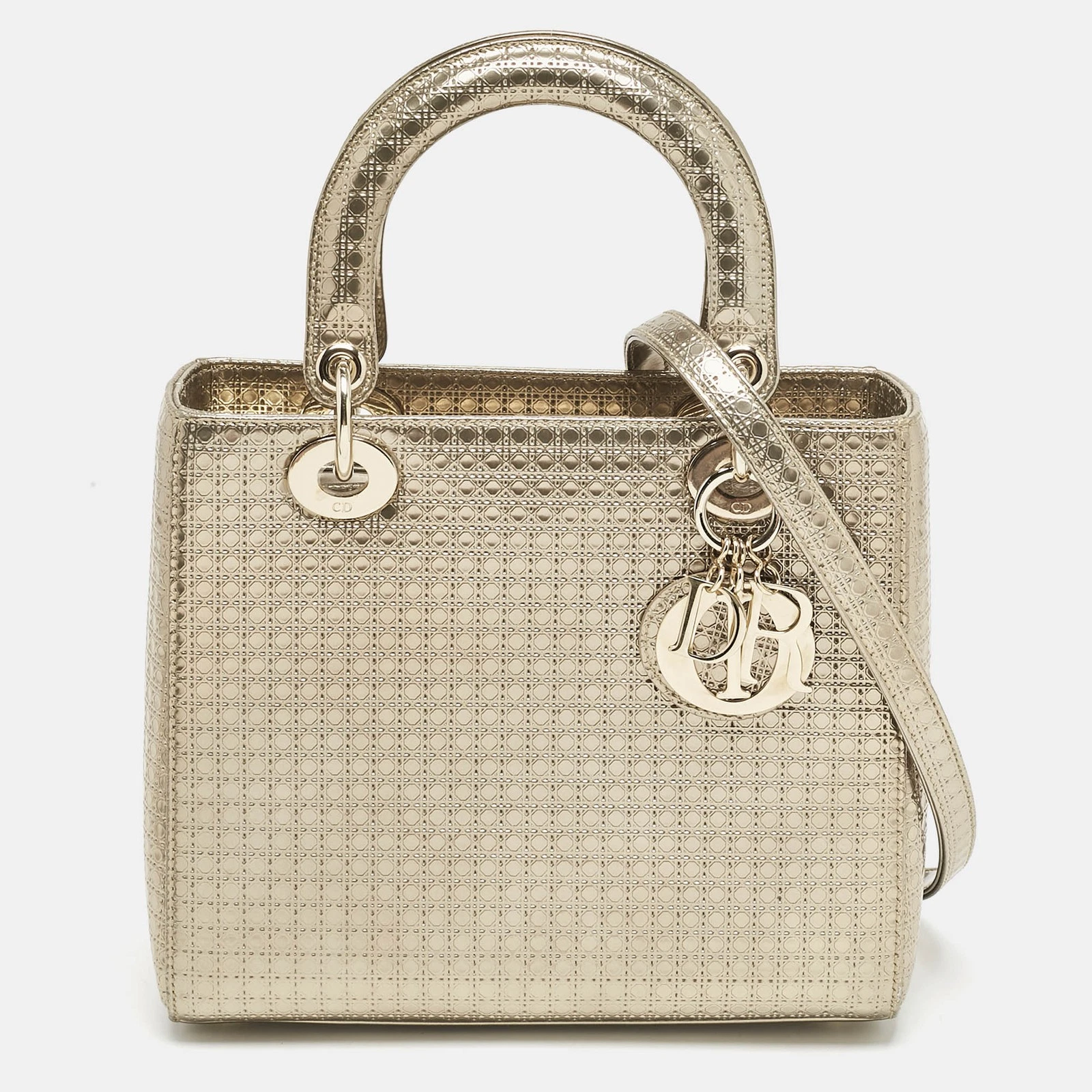 Sac fourre tout Dior doré micro cannage cuir verni moyen Lady Dior