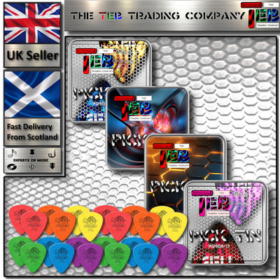 TEB Plektrum Dose + 24 Dunlop Tortex - 4 von jeder Größe/Stärke - Gitarren-Plektren - UK