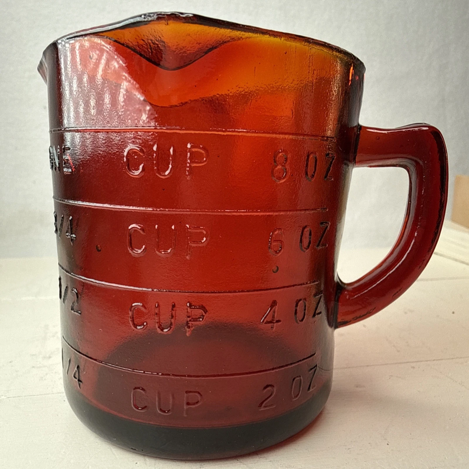 Vintage Red Amber Unmarked 3 Spout 1 Cup Measuring Cup Amberina No Damage