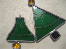 VINTAGE SET 2 Handmade Leaded Stained Glass Sun Catchers Christmas Tree  Bell