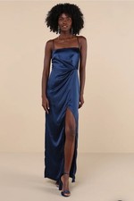 Lulus Maxi Dress Womens Small Blue Satin Stunning Expressions Pleated Tulip Side