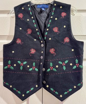 Vtg Velvet Ugly Christmas Vest Petite Medium PM Karen Scott Black Embroidered