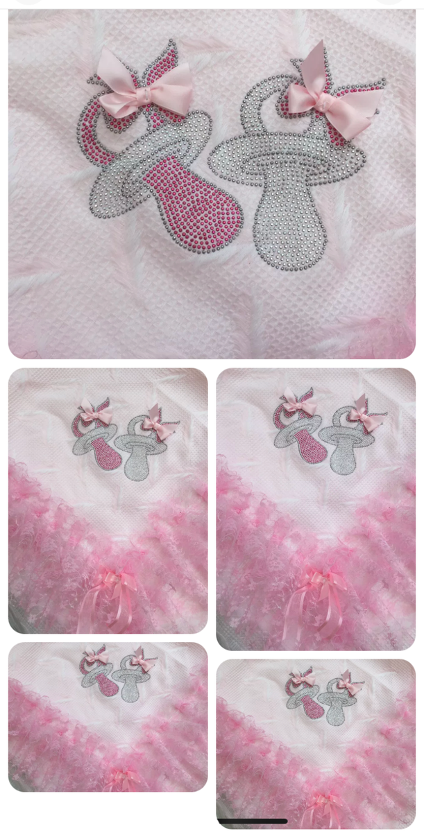 Handmade Romany Baby Shawl - Pink/Blue/White With Lace, Ribbon & Dummy Bow Design, Swaddling Blanket For Buggy/Crib