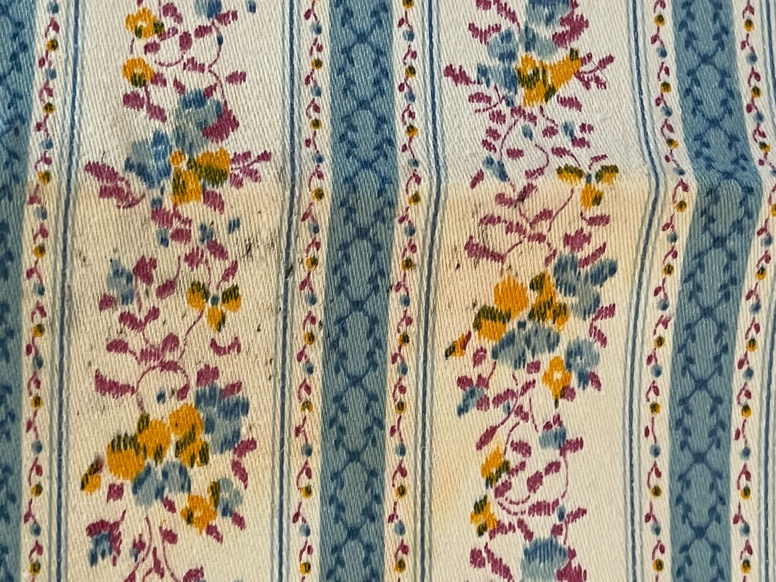 Vintage 1 Yard Pillow Ticking Fabric Blue Yellow Pink Floral on White 29 Wide