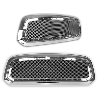 GalaxyMotoInc Chrome Grille With Mesh & Rivets For 2013-2018 RAM 2500 & 3500 Front Hood