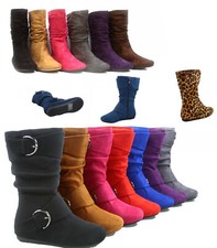 Girl's Kid's Cute Zipper Flat Heel Mid Calf Slouchy Boot Shoes Size 9 - 4 NEW