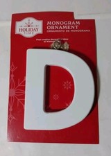 Letter D White Wood Holiday Time Monogram Ornament Craft, Made of Wood NWT