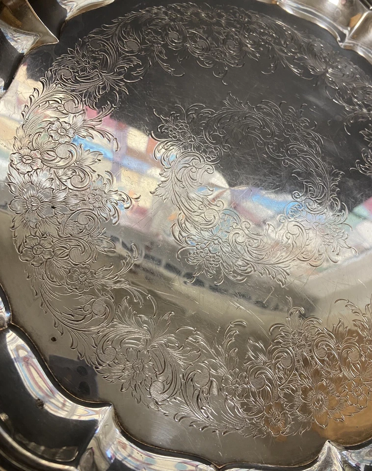 Vtg. International Silver Chippendale Floral Etched Footed 12” Pie Plate #812 - Image 3 of 4