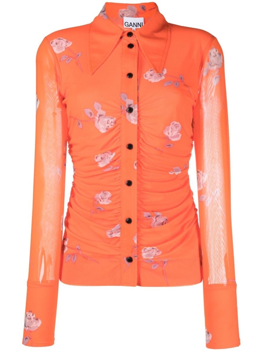 Ganni Womens Floral Print Ruched Shirt Size 36 (S) NWT $209 MSRP 