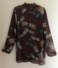 Citron Santa Monica -Sz S Brown Silk Dragon-Fly Art-to-Wear Tunic Shirt Top