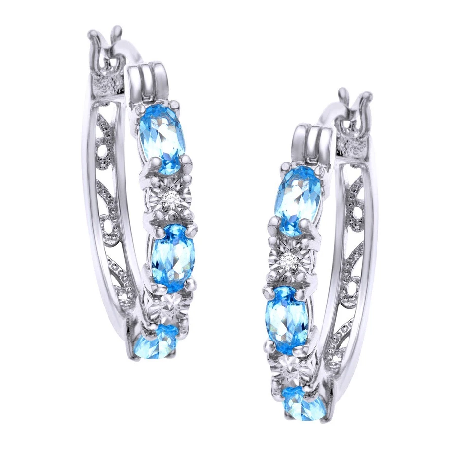 Pendientes Huggie Aro Topacio Simulado y Diamante Natural Chapados en Oro Blanco 14k Foto 4 de 4
