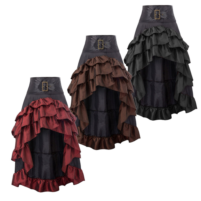 Women's Steampunk Gothic High Low Skirt – Victorian Bustle Skirt With Ruffles & Drawstring, Satin Red Costume Skirt