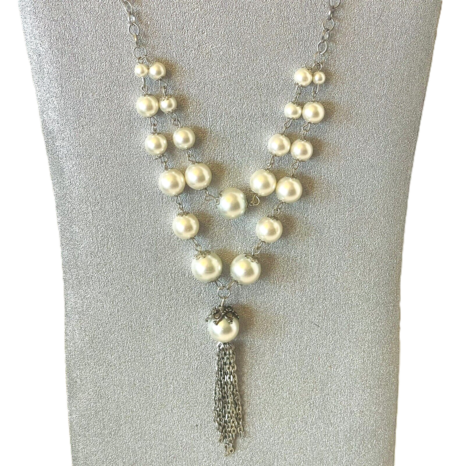 Beaded Tassel Necklace Multi-Strand White Imatation Pearl Silver Tone Adjustable
