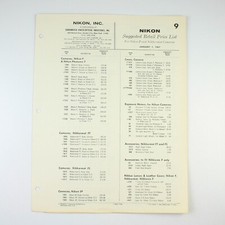 Nikon F  Nikkormat Cameras Retail Price list January 1, 1967 - Vintage