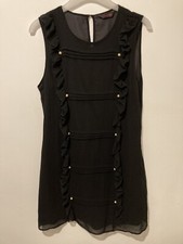 NWOT Miss Selfridge vintage black sheer sleeveless frilled dress w pearls UK 14