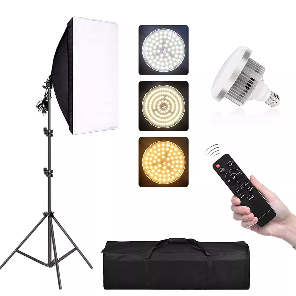 85W Bi color Dimmable LED Softbox Lighting Kit Adjustable Light Stand Carry Bag