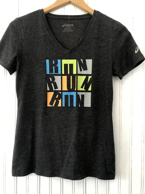 EUC! Asics Women's T-Shirt Size Small V-Neck Gray  Run, Run Multi Spellout Logo