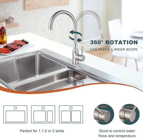 Modern Brushed Stainless Steel Kitchen Mixer Taps 360 Swivel Spout Single Lever - Picture 4 of 11