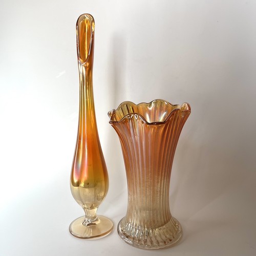 Vintage Marigold Orange Carnival Iridescent Glass Swung Vases 12" Bud 7