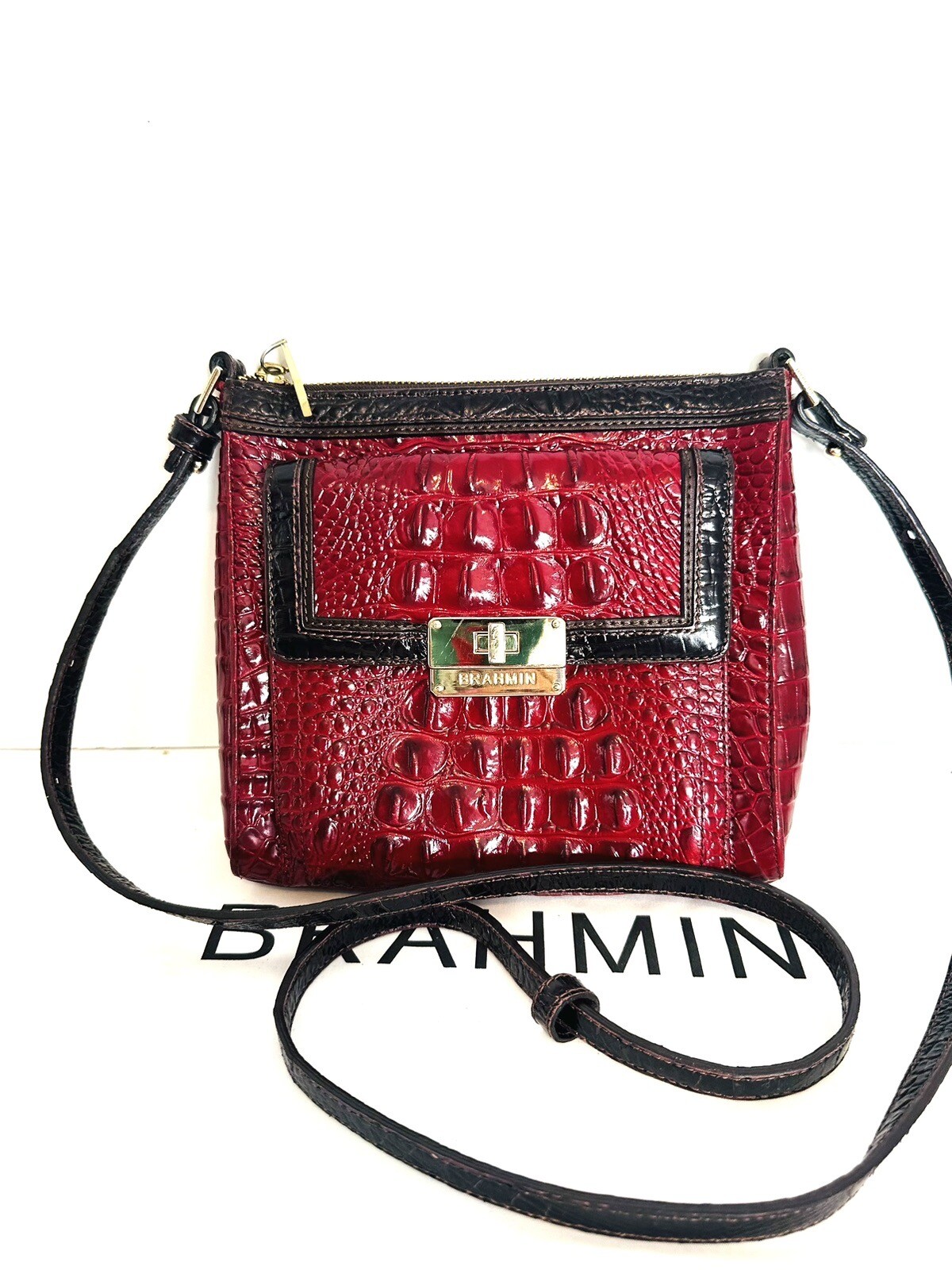 BRAHMIN Manhattan Red /Brown Trimmed Leather Bag Builtin Wallet eBay