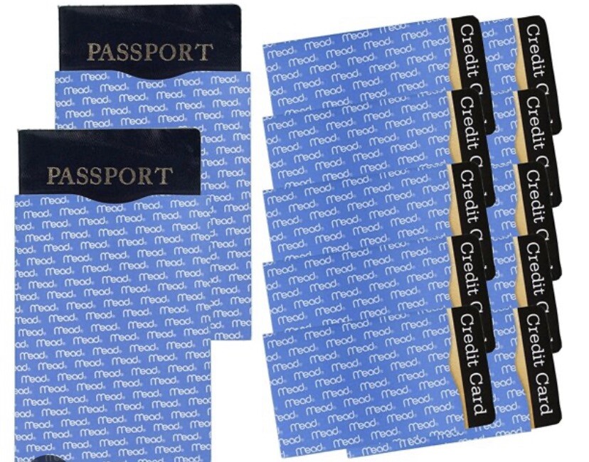 MEAD 12 Pack RFID Blocking Sleeves. 10 Credit Card & 2 Passport Protectors