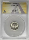 1939-D Mercury Dime 10c Coin ANACS MS 64