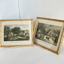 2 1960’s Currier & Ives Framed Prints Of American Homestead Winter And Autumn