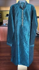 Men s Blue Silk Blend Kurta with Decorative Buttons Traditional Indian Ethnic