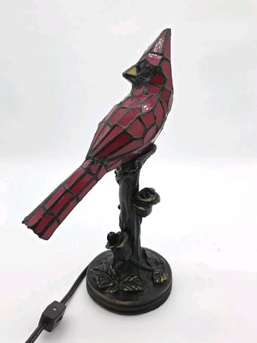 Vintage Stained Glass Cardinal Bird Accent Table Lamp Light Tiffany Style 13"