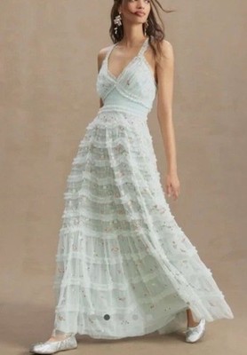 Mac Duggal Ruffled Cross-Back Smock-Waist Floral Embroidered Gown Cottagecore 4