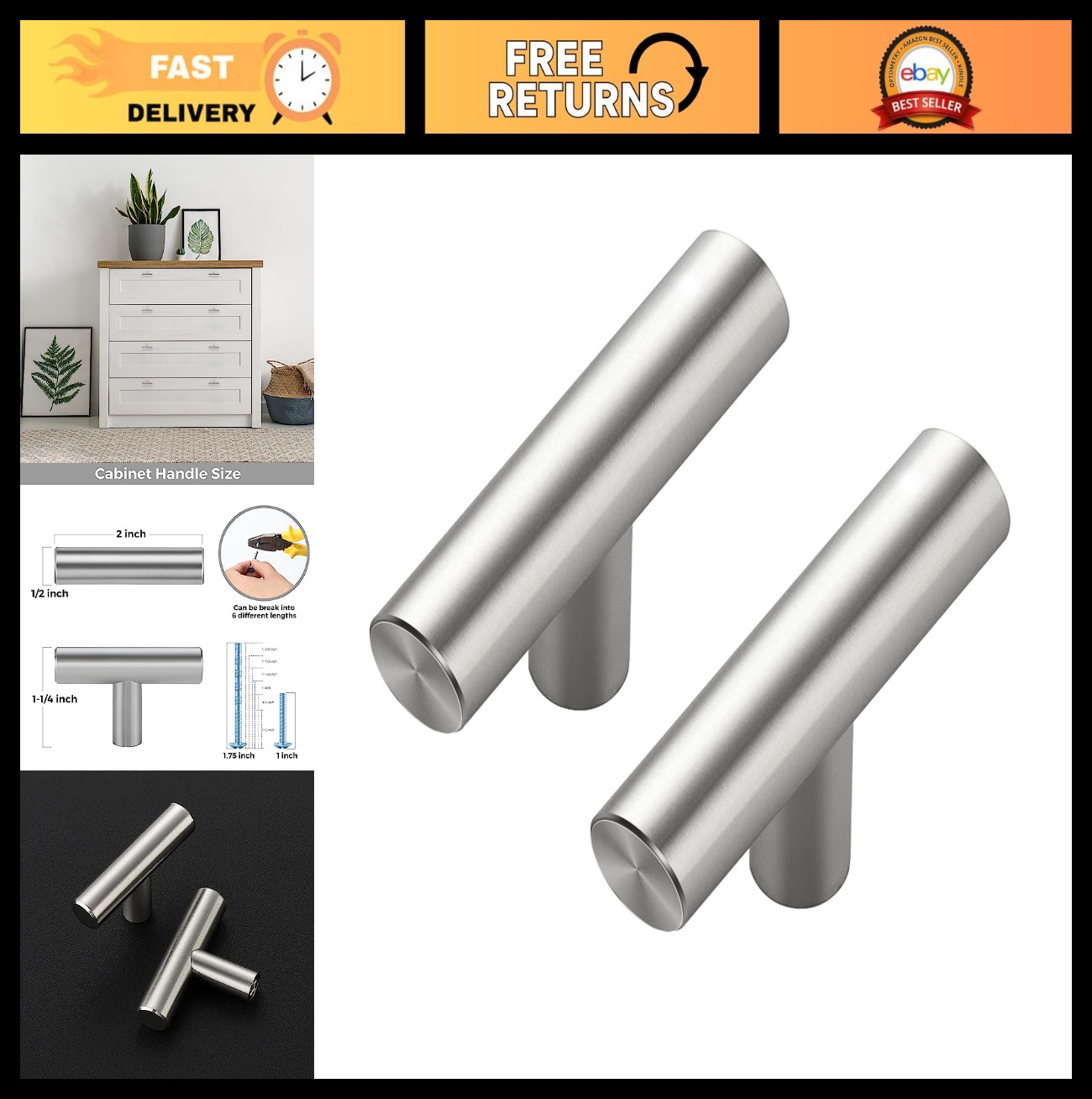 Cabinet Knobs - 2in T Bar Drawer Pulls, Stainless Steel H