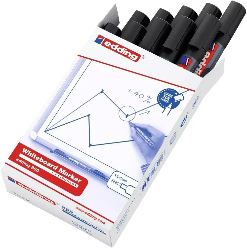 Edding 360 Whiteboard Flipchart Pack of 10 bullet tip marker 1.5-3 mm BLACK VAT