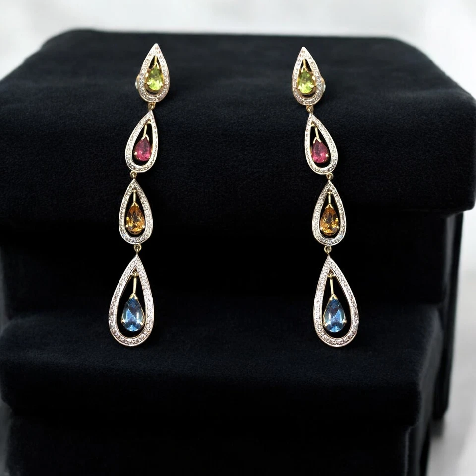 Pavé 1,88 Karat F/VS1 Runder Brillantschliff Diamanten Baumeln Ohrringe 14K Gold - Bild 3 von 4