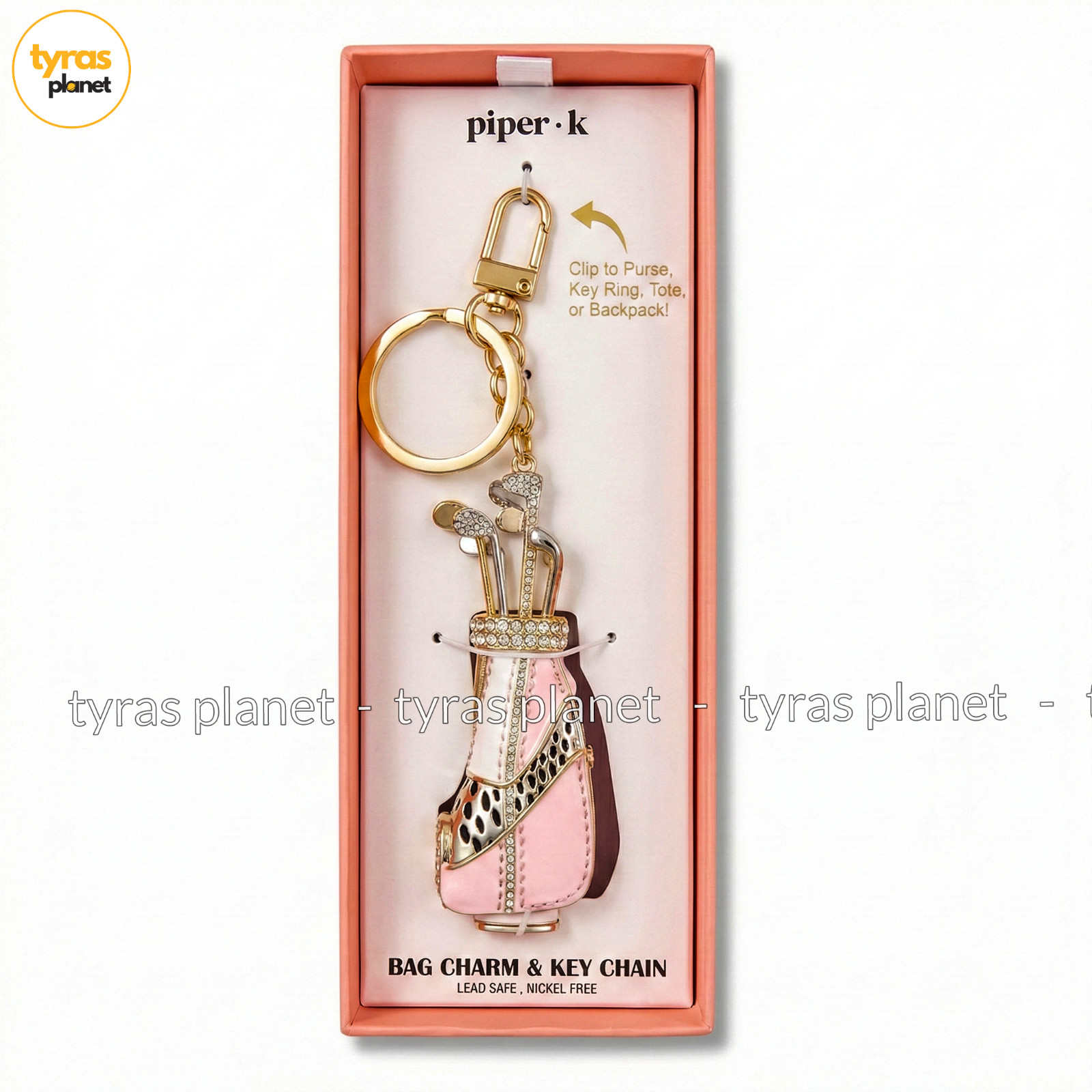 Piper K Golf Bag Charm Keychain - Gold Tone, Pink Crystals, New in Box