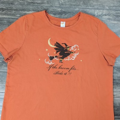 Women's Orange WITCH Halloween Shirt If The Broom Fits Ride It Size XL 16/18