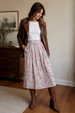 Vintage Southern Lady Pink Floral Midi Skirt Women's 13/14 USA Made Pockets