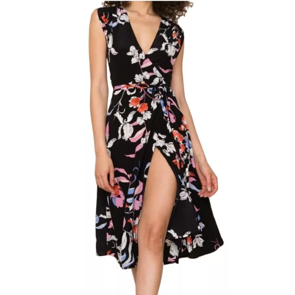 YUMI KIM Orchid Blush Black Prince Street Silk Wrap Midi Dress Dark Floral XS - Image 3 of 4