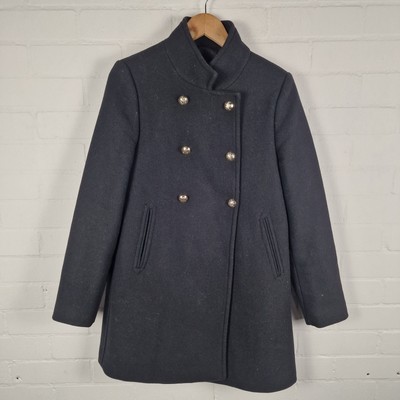 Zara Womens Double Breasted High Collar Wool Blend Black Coat Size