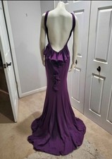 JOVANI Purple Ruffle Back Jersey Stretch Knit Mermaid Open Back Gown Dress 4 US
