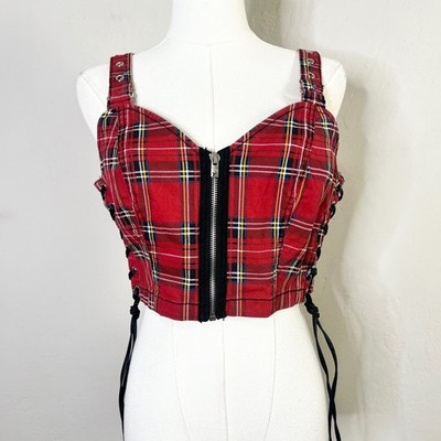 Tripp NYC Red Plaid Corset Crop Top Zipper Lace Up Grommet Straps Size Medium