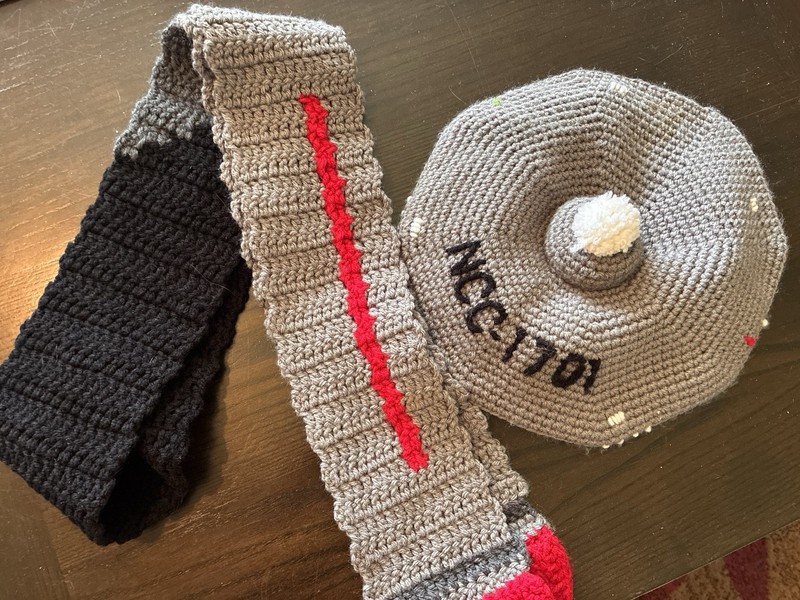 Handmade Crocheted Hat & Scarf Set Star Trek Enterprise saucer & nacelles